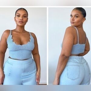 PrettyLittleThing PLUS DUSTY BLUE KNIT STRAPPY SCALLOP EDGE CROP TOP